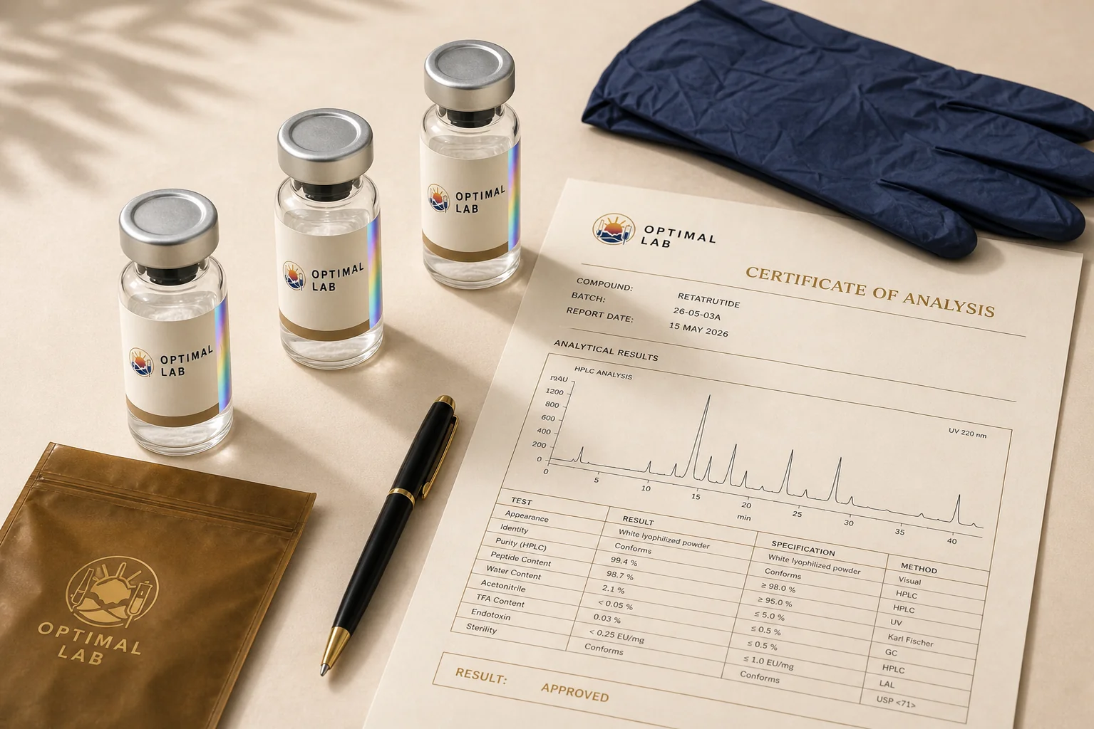 Three Optimal Lab vials laid out on cream paper alongside a signed certificate of analysis, ballpoint pen, folded nitrile gloves and an amber pouch — bench prep before dispatch.