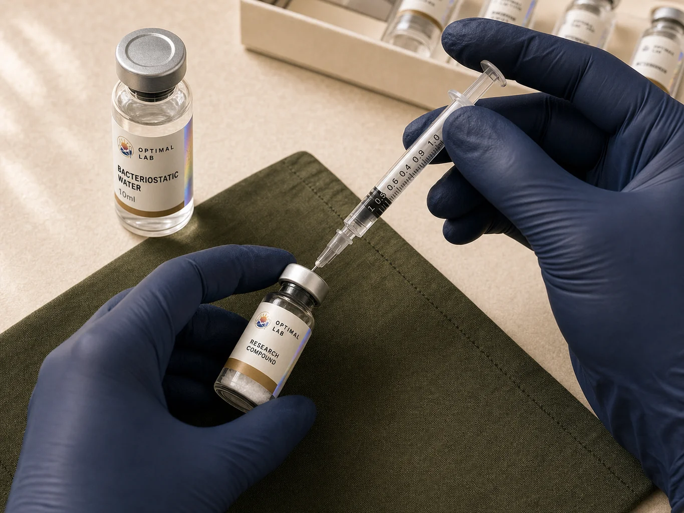 Gloved hands drawing bacteriostatic water from a 10 ml Optimal Lab vial into a 1 ml syringe, with a smaller lyophilised peptide vial held alongside.