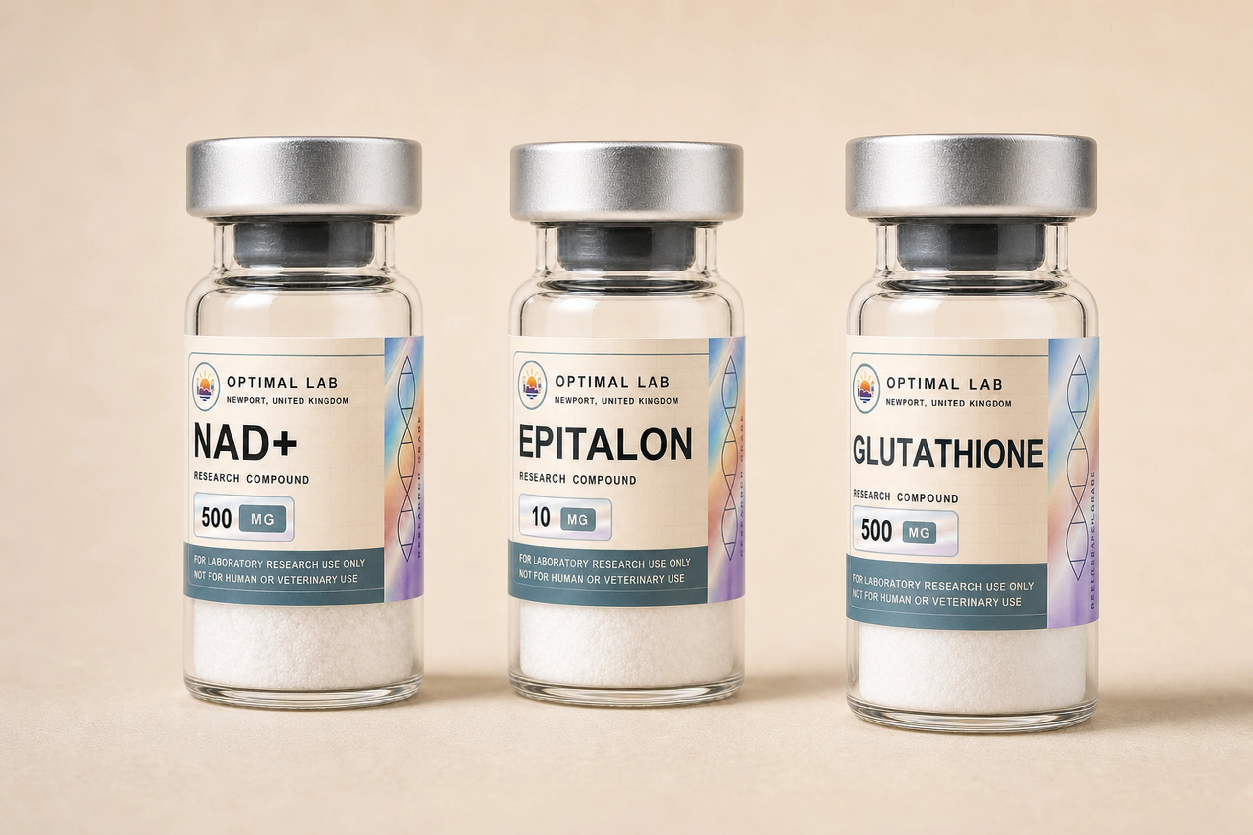 Optimal Lab cellular and senescence research range — NAD+, Epitalon and Glutathione compound vials on a warm studio surface.
