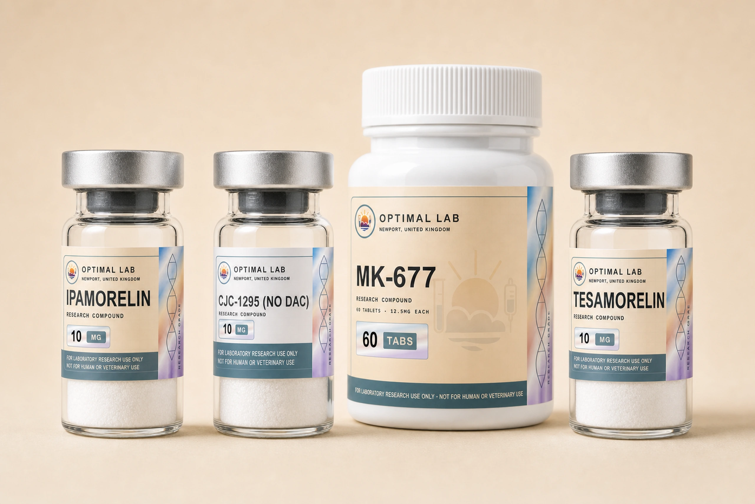 Optimal Lab GH-axis and mitochondrial research range — Ipamorelin, CJC-1295 and Tesamorelin compound vials beside an MK-677 tablet bottle on a warm studio surface.