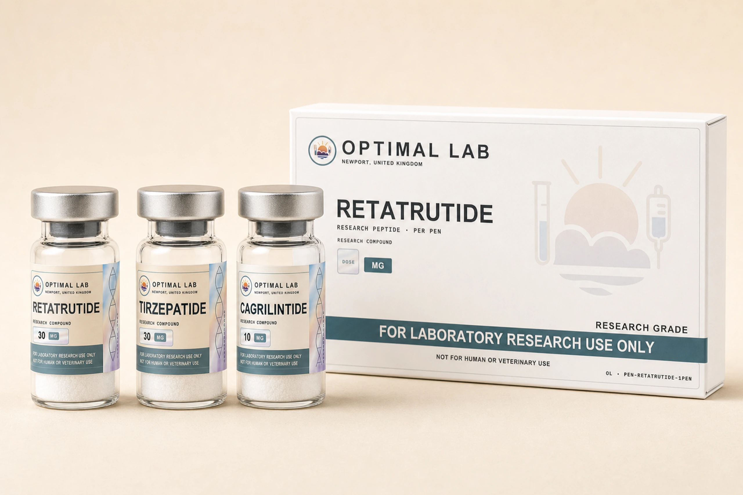 Optimal Lab metabolic-pathway research range — Retatrutide, Tirzepatide and Cagrilintide compound vials beside a Retatrutide research pen box on a warm studio surface.