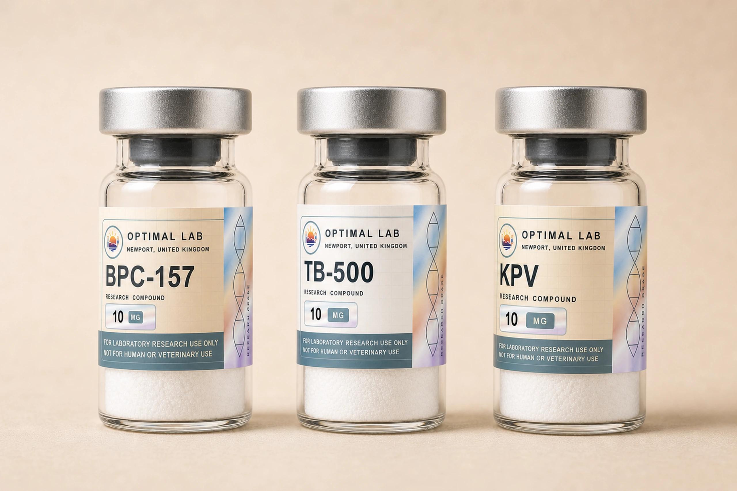Optimal Lab structural-peptide research range — BPC-157, TB-500 and KPV compound vials on a warm studio surface.