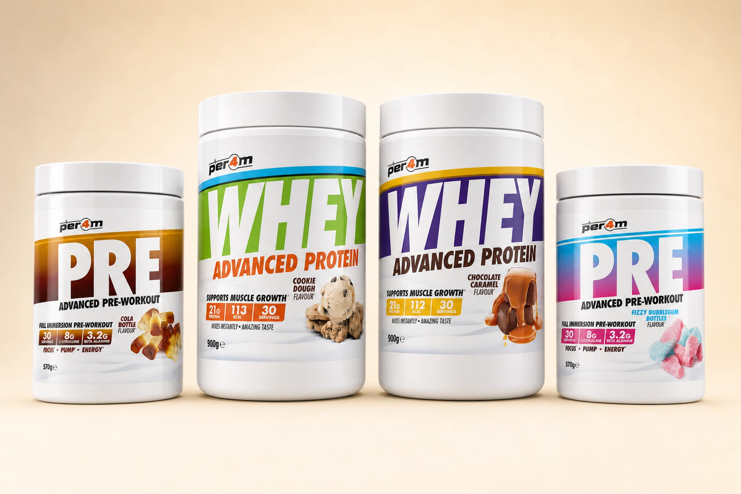 PER4M sports-nutrition range — Cola Bottle and Fizzy Bubblegum pre-workout tubs either side of Cookie Dough and Chocolate Caramel whey protein tubs on a warm studio surface.
