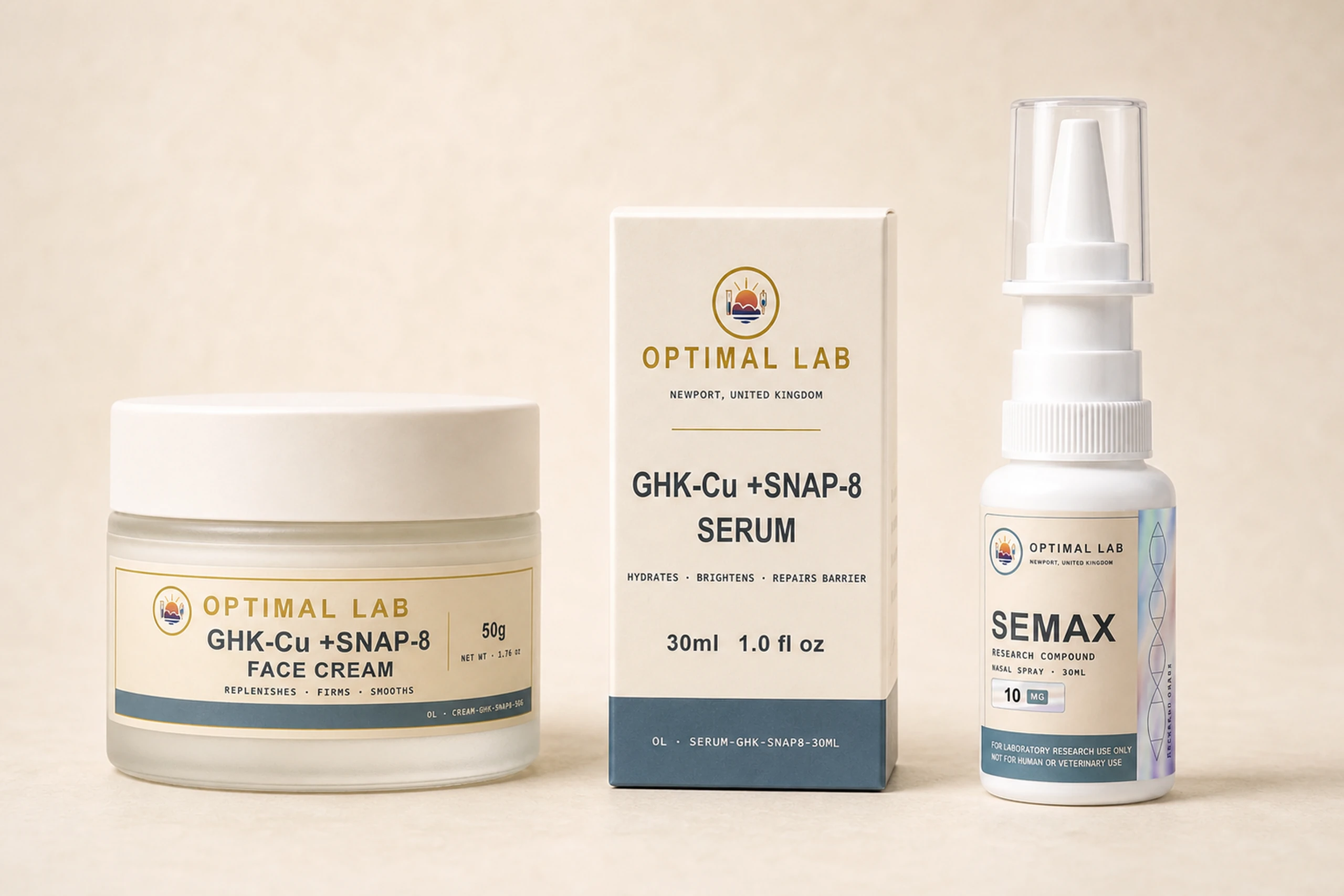 Optimal Lab topical and nasal research range — a GHK-Cu and SNAP-8 face cream, matching serum and a Semax nasal spray on a warm studio surface.