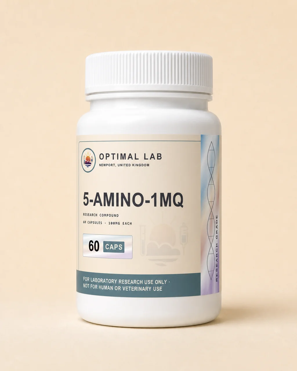 Amber-glass capsule bottle of 5-Amino-1MQ, 60 oral research capsules, Optimal Lab label