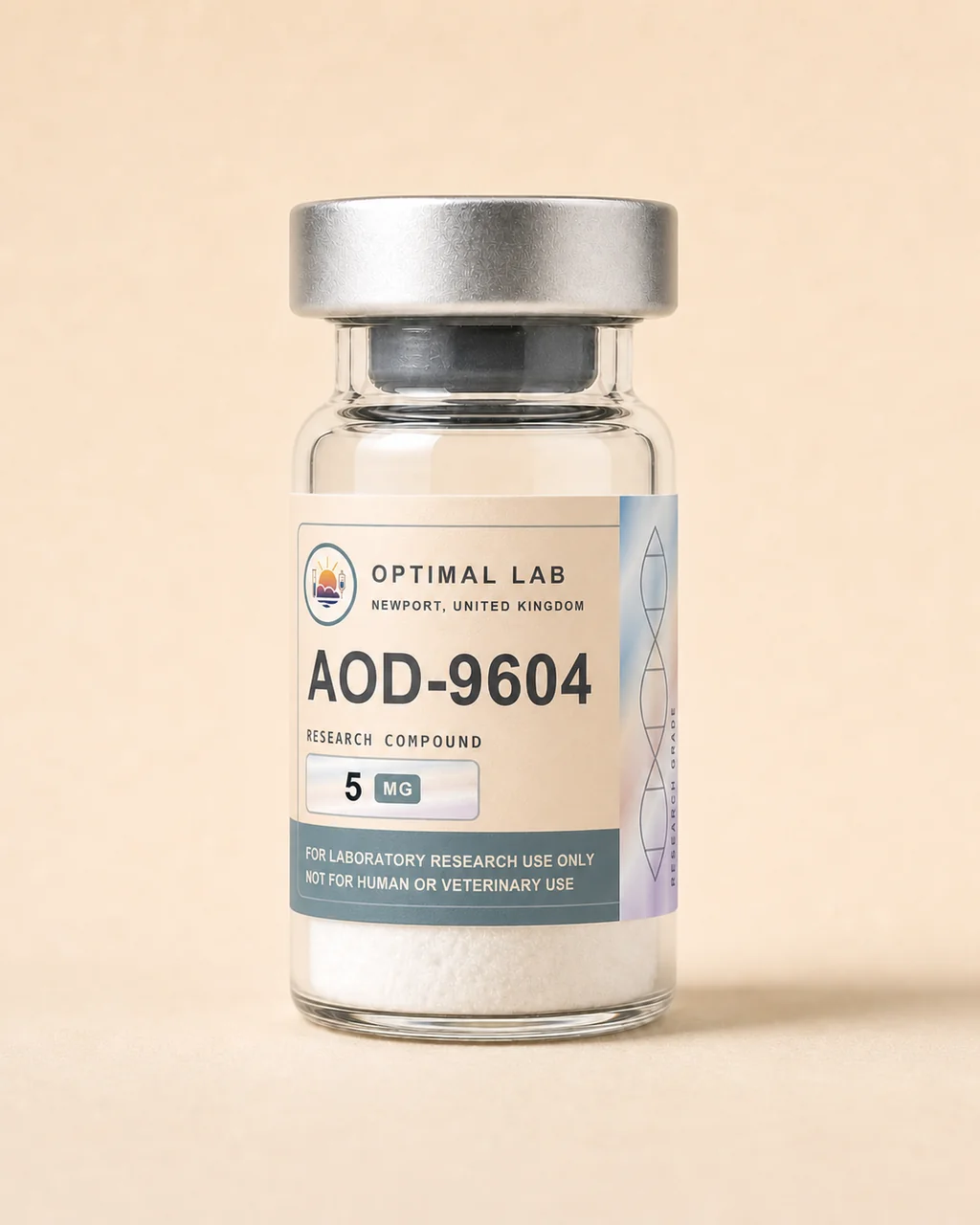 Amber-glass lyophilised vial of AOD 9604 with white flip-cap and Optimal Lab cream-stripe label