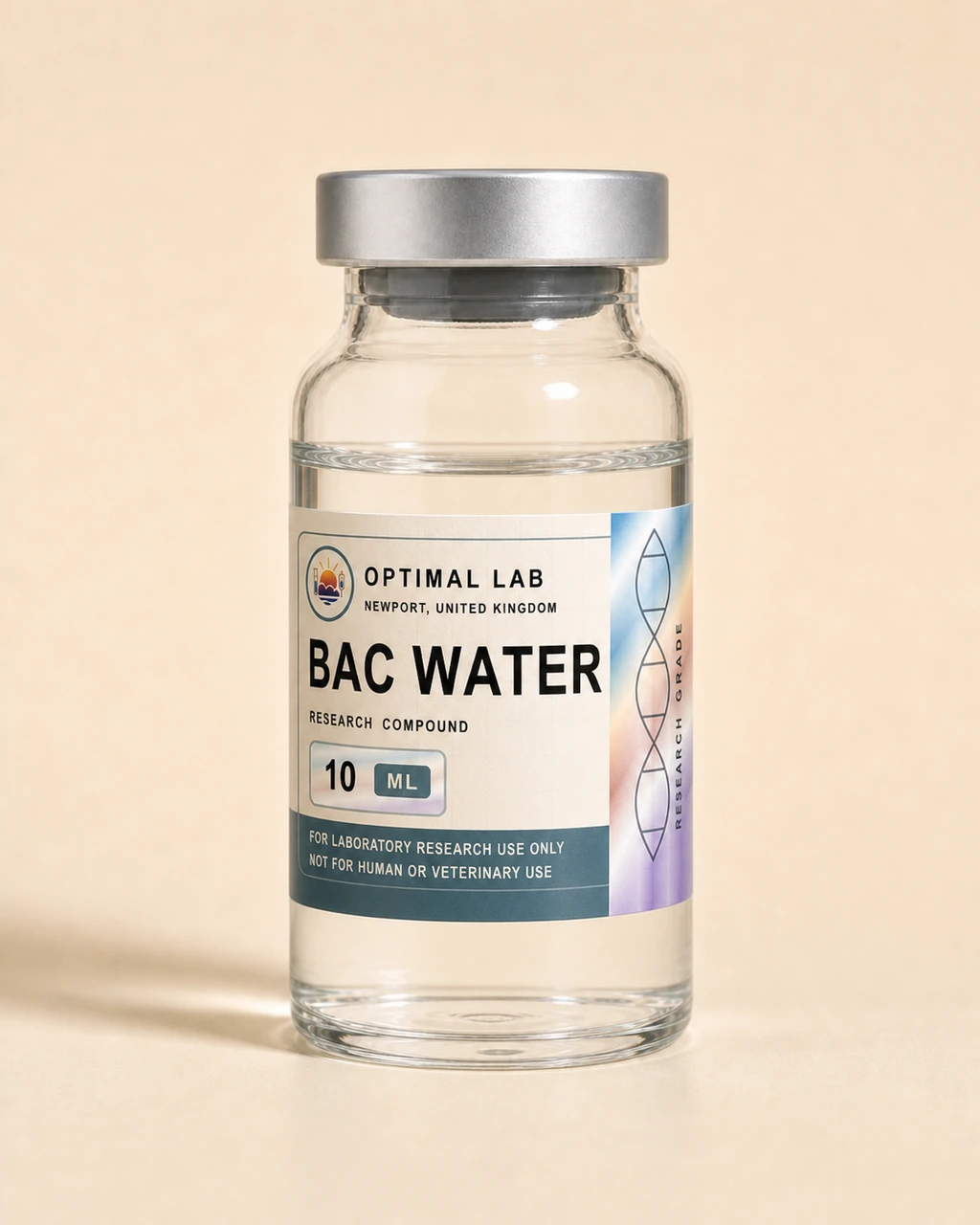 Amber-glass lyophilised vial of Bacteriostatic Water with white flip-cap and Optimal Lab cream-stripe label