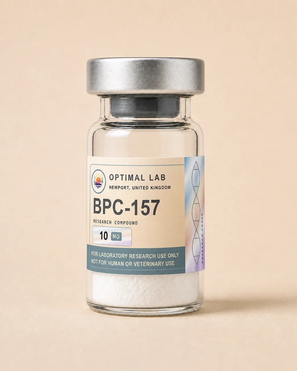 Amber-glass lyophilised vial of BPC-157 with white flip-cap and Optimal Lab cream-stripe label
