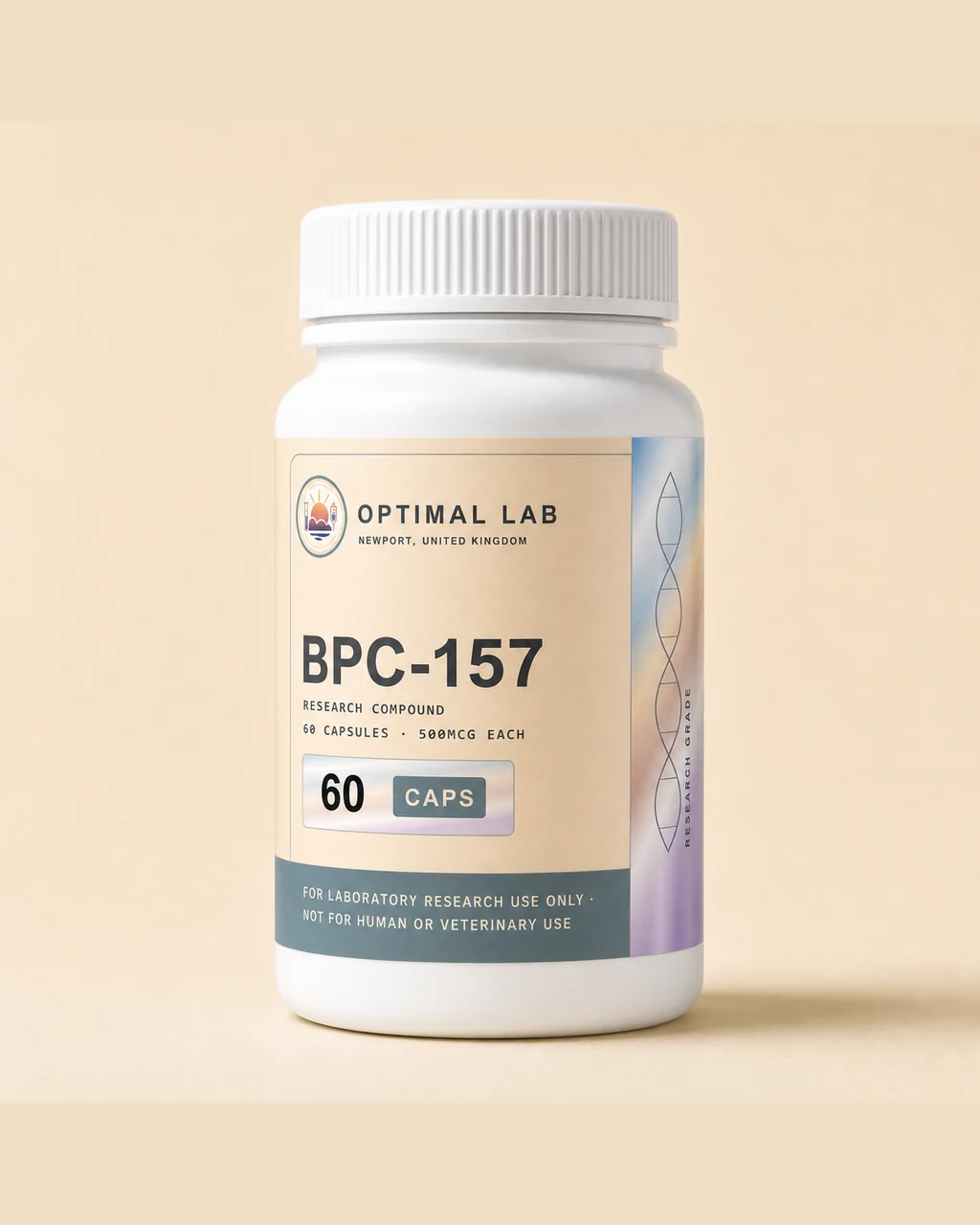 Amber-glass capsule bottle of BPC-157, 60 oral research capsules, Optimal Lab label