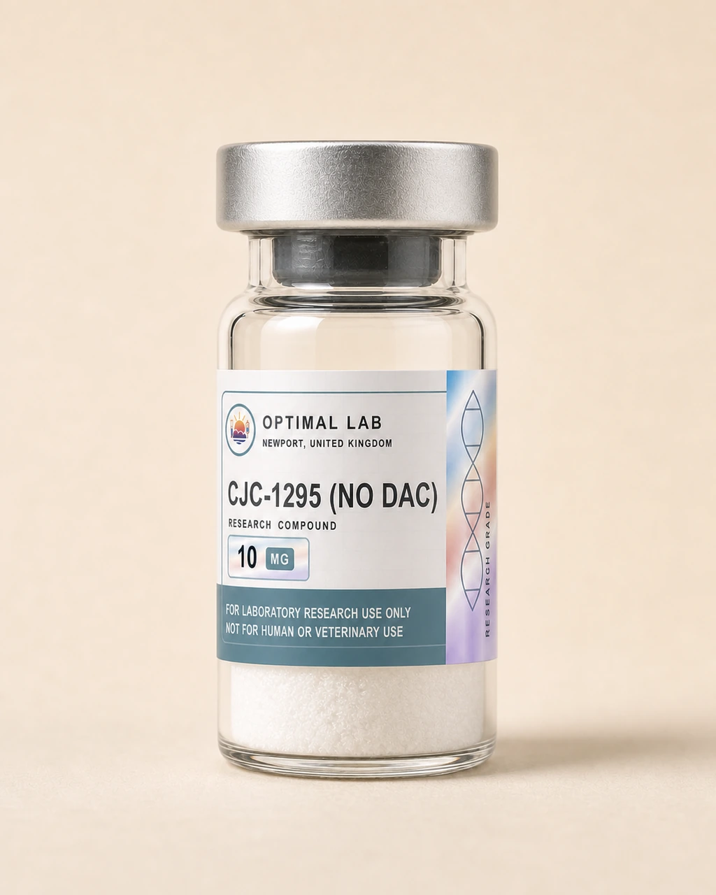 Amber-glass lyophilised vial of CJC-1295 (no DAC) with white flip-cap and Optimal Lab cream-stripe label