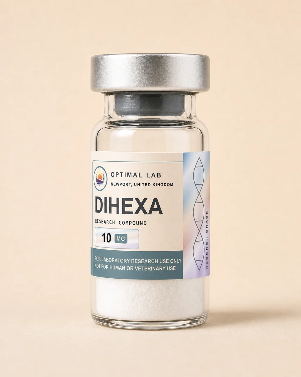 Amber-glass lyophilised vial of Dihexa with white flip-cap and Optimal Lab cream-stripe label