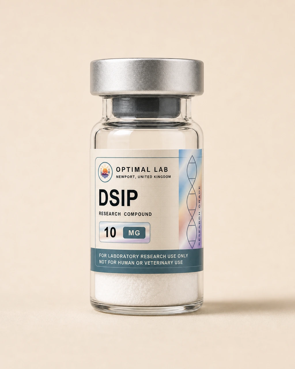 Amber-glass lyophilised vial of DSIP with white flip-cap and Optimal Lab cream-stripe label