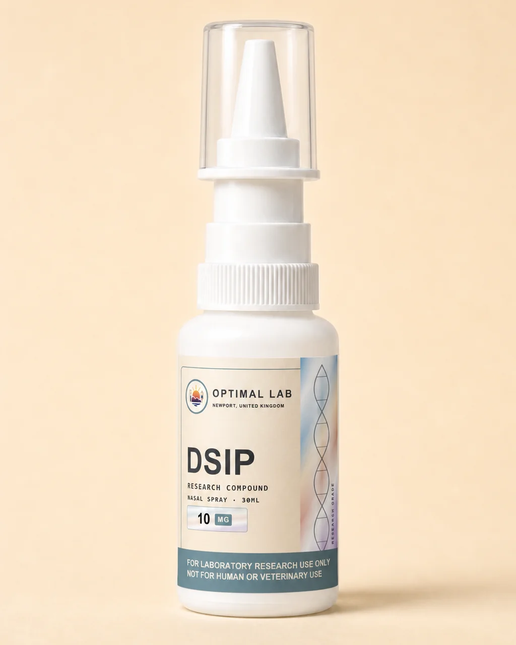 Amber-glass nasal spray bottle of DSIP, 10mg, with white pump-mist applicator and Optimal Lab cream-stripe label