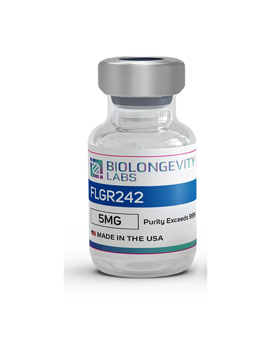 Supplier-labelled BioLongevity Labs FLGR242 vial imagery. 10mg option supplied as 2 x 5mg vials.