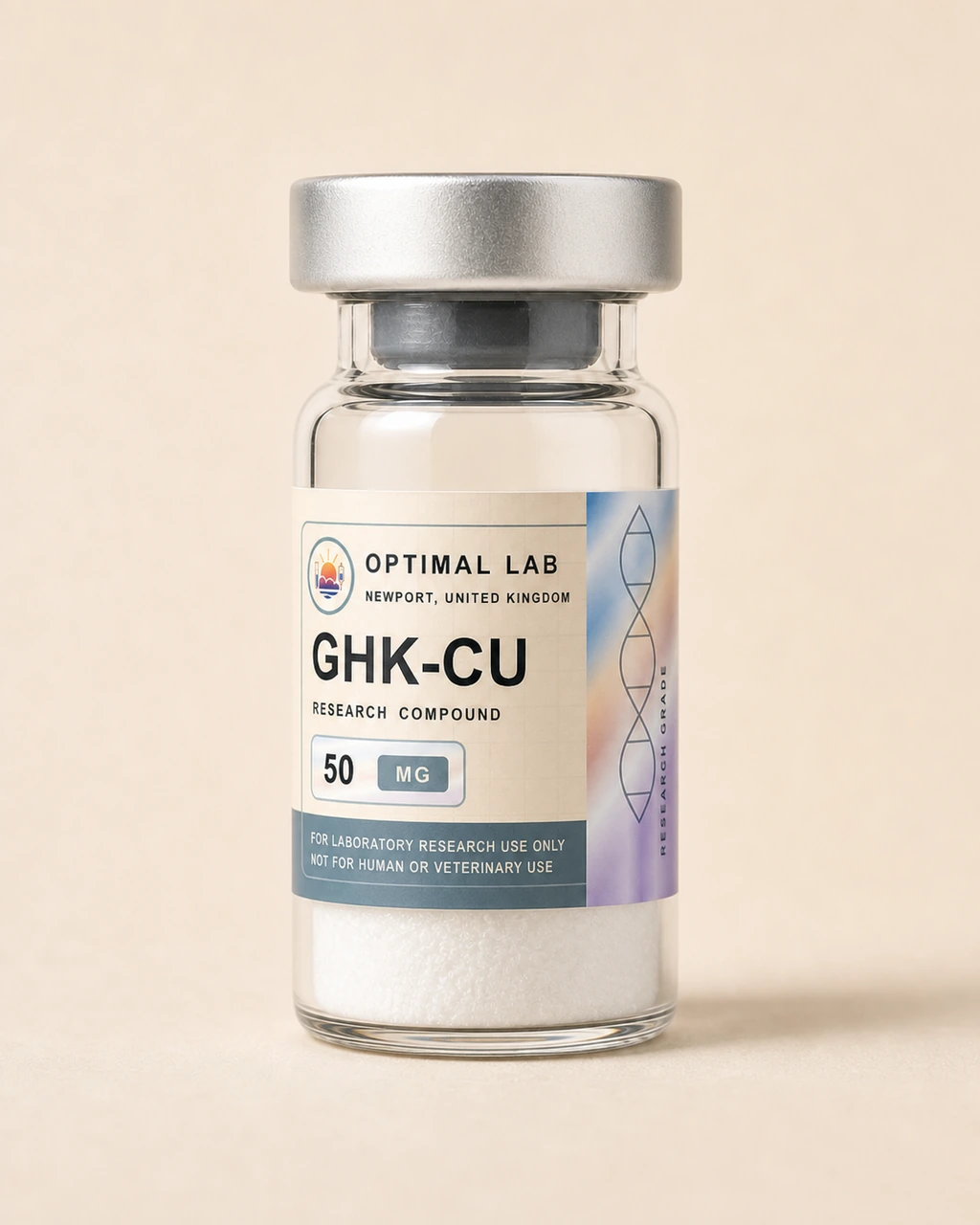 Amber-glass lyophilised vial of GHK-Cu with white flip-cap and Optimal Lab cream-stripe label