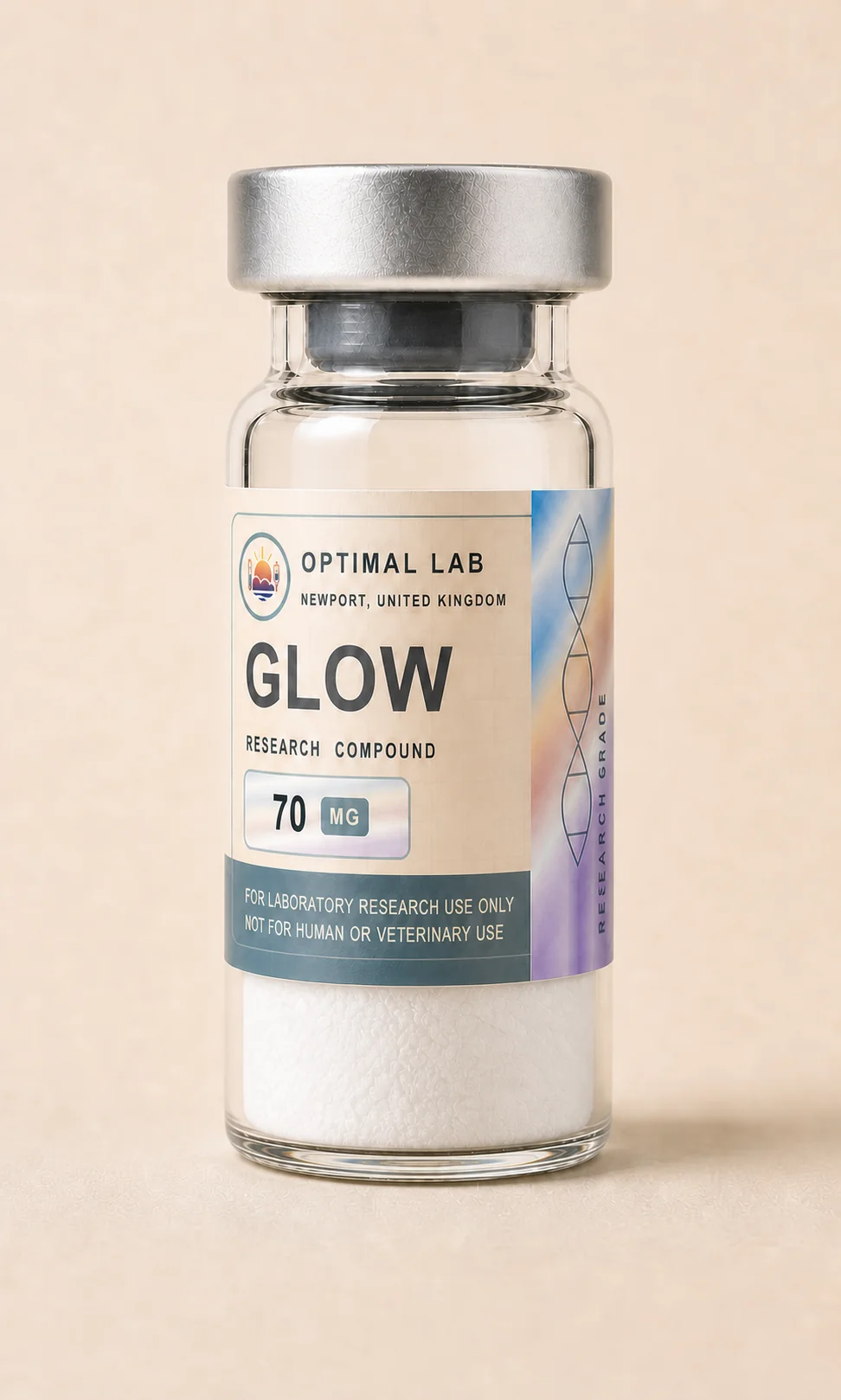 Amber-glass lyophilised vial of GLOW, 70mg, with white flip-cap and Optimal Lab cream-stripe label