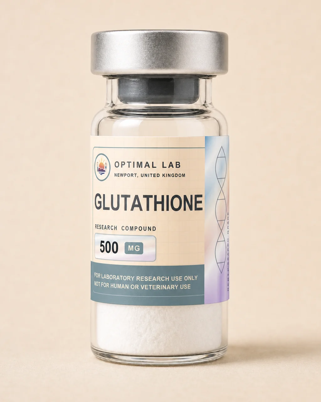 Amber-glass lyophilised vial of Glutathione with white flip-cap and Optimal Lab cream-stripe label