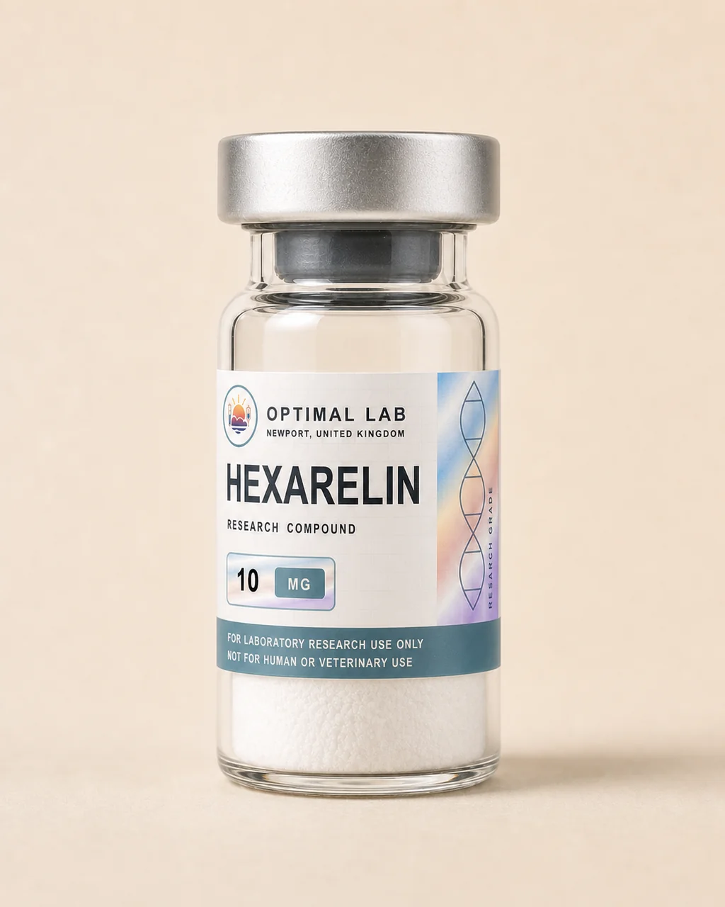 Amber-glass lyophilised vial of Hexarelin with white flip-cap and Optimal Lab cream-stripe label