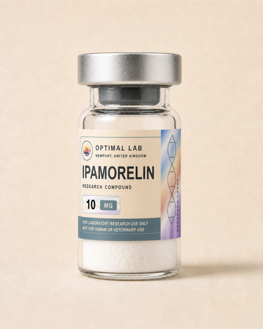 Amber-glass lyophilised vial of Ipamorelin with white flip-cap and Optimal Lab cream-stripe label