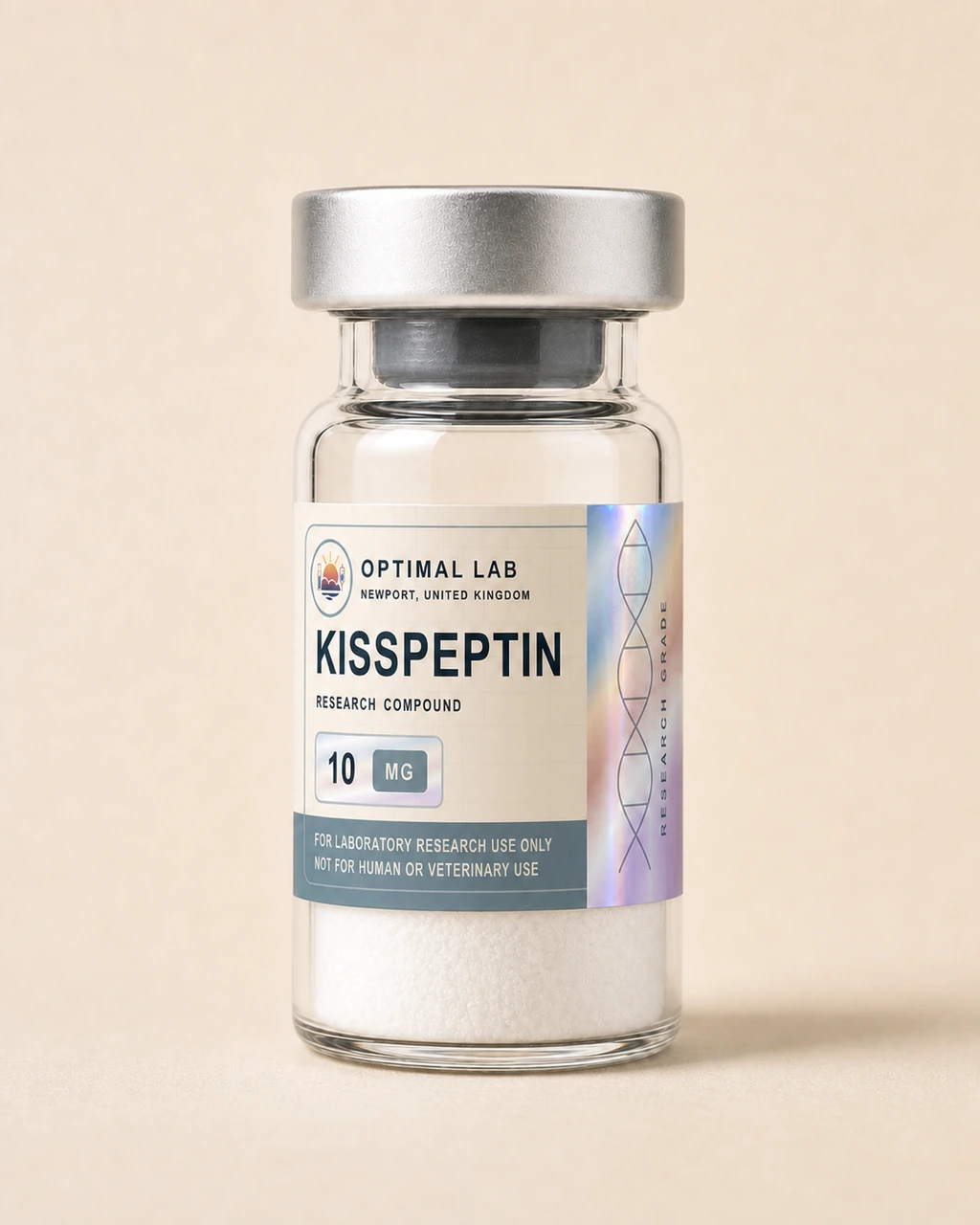 Amber-glass lyophilised vial of Kisspeptin with white flip-cap and Optimal Lab cream-stripe label