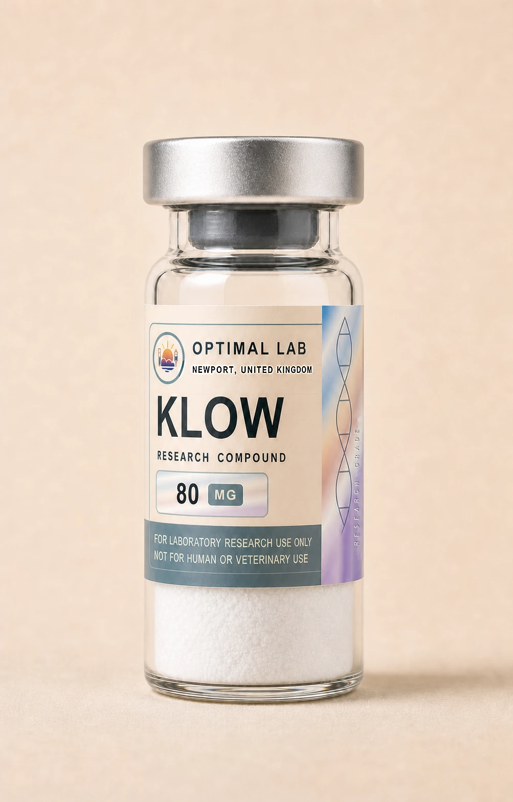 Amber-glass lyophilised vial of KLOW, 80mg, with white flip-cap and Optimal Lab cream-stripe label