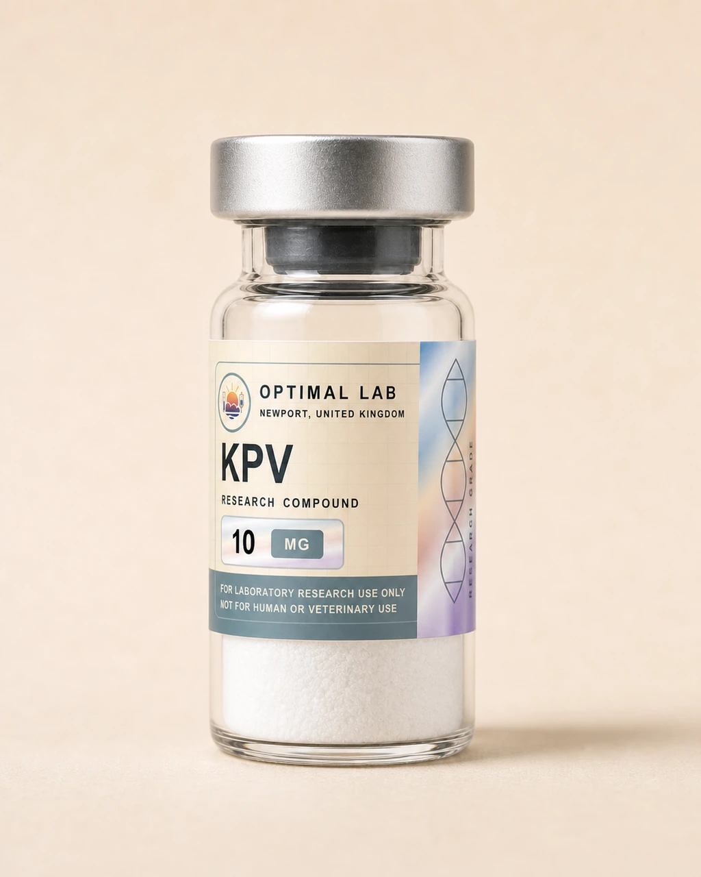 Amber-glass lyophilised vial of KPV with white flip-cap and Optimal Lab cream-stripe label