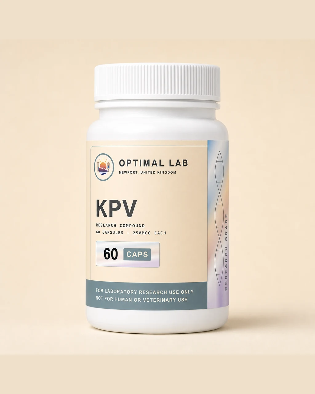 Amber-glass capsule bottle of KPV, 60 oral research capsules, Optimal Lab label