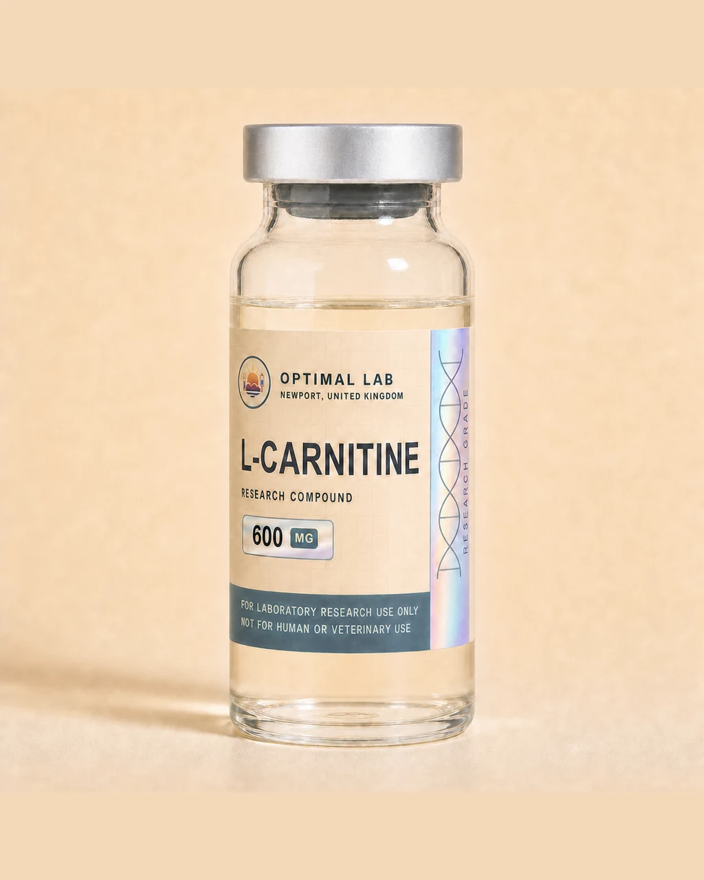 Amber-glass lyophilised vial of L-Carnitine with white flip-cap and Optimal Lab cream-stripe label