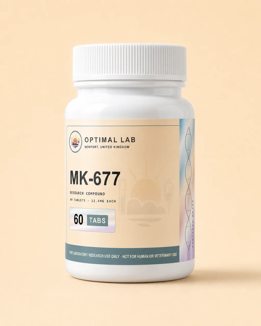Amber-glass tablet bottle of MK-677 (Ibutamoren), 60 × 12.5mg oral research tablets, with Optimal Lab cream-stripe label