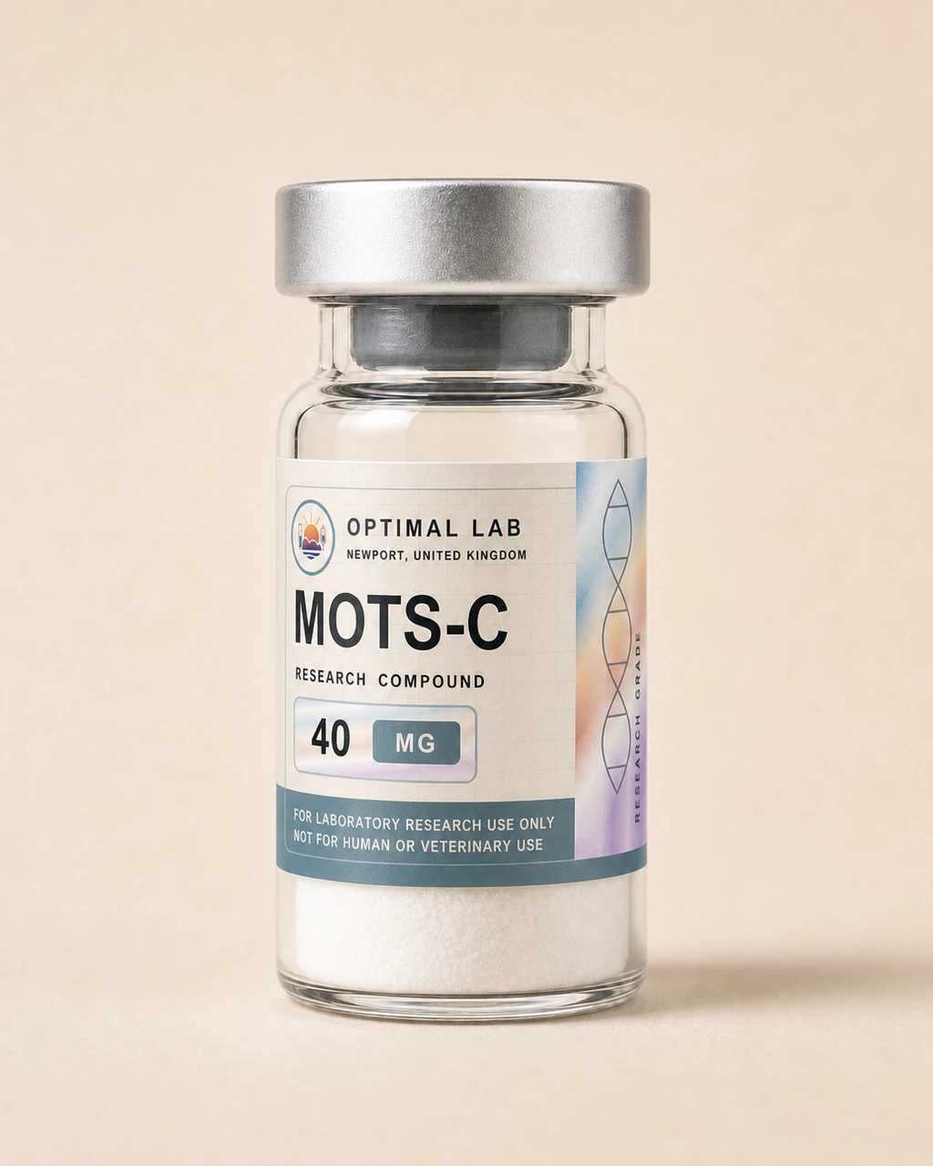 Amber-glass lyophilised vial of MOTS-C with white flip-cap and Optimal Lab cream-stripe label