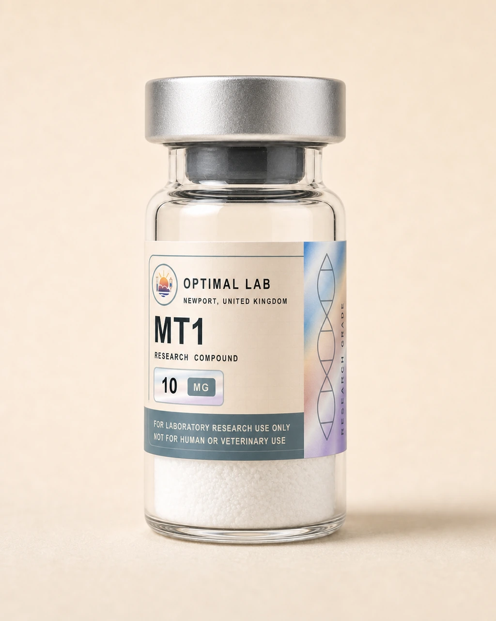 Amber-glass lyophilised vial of Melanotan-1 (MT1) with white flip-cap and Optimal Lab cream-stripe label