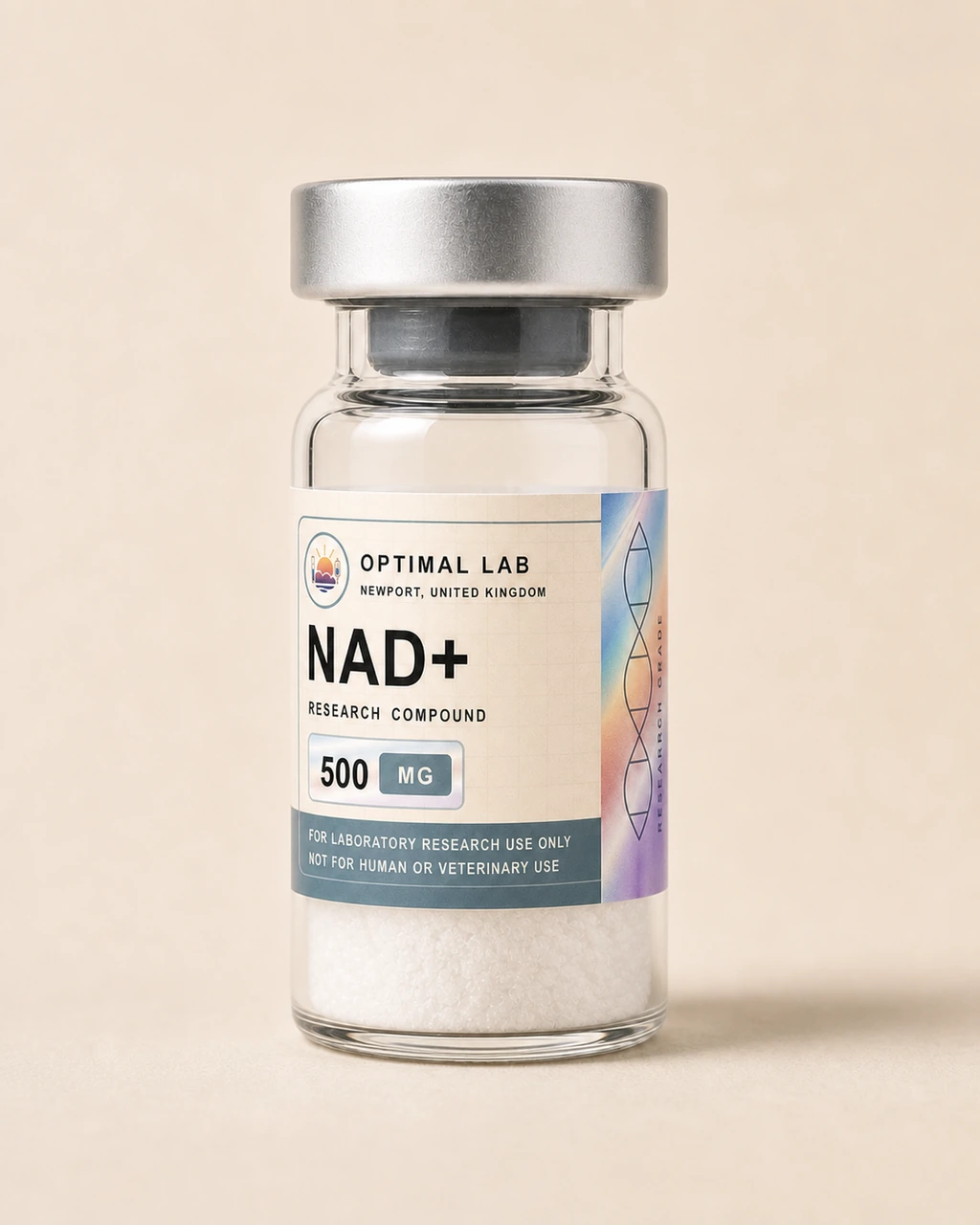Amber-glass lyophilised vial of NAD+ with white flip-cap and Optimal Lab cream-stripe label
