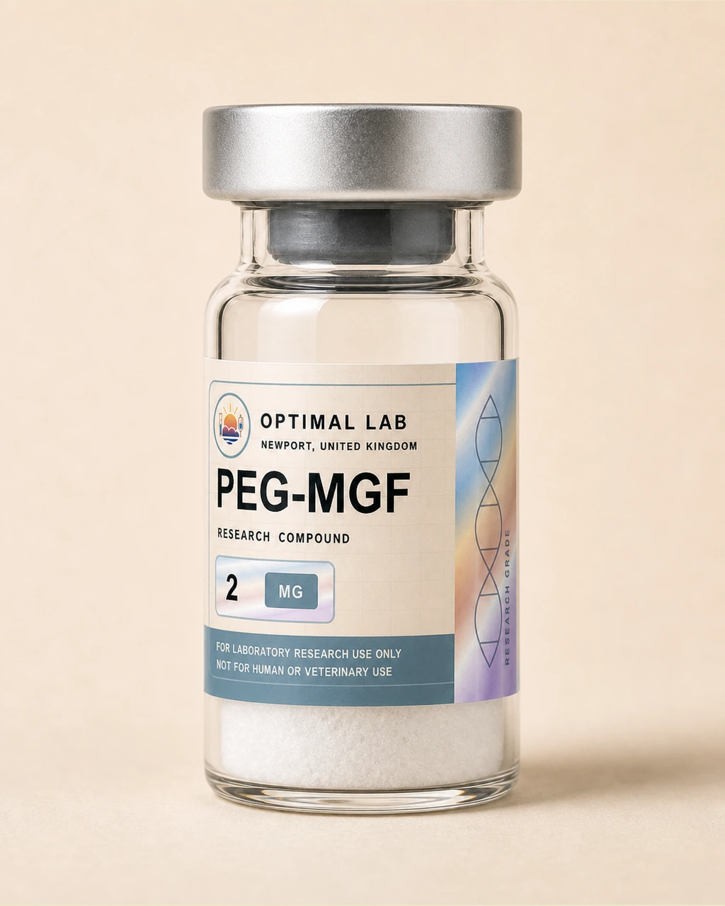 Amber-glass lyophilised vial of PEG-MGF with white flip-cap and Optimal Lab cream-stripe label