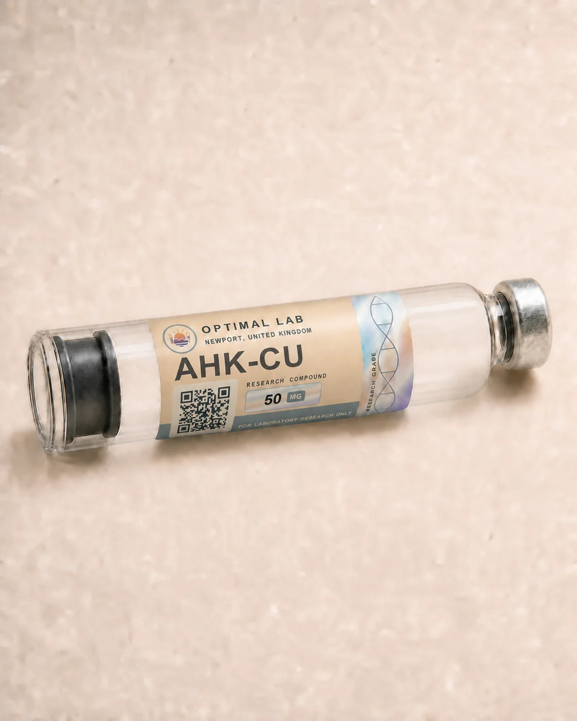 Optimal Lab 3ml research cartridge loaded with AHK-Cu, in its case