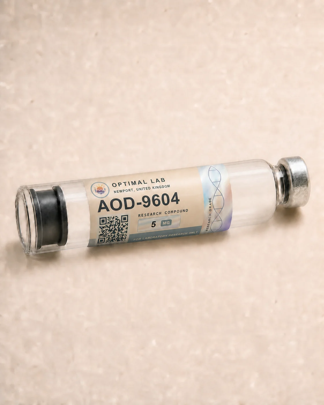 Optimal Lab 3ml research cartridge loaded with AOD 9604, in its case