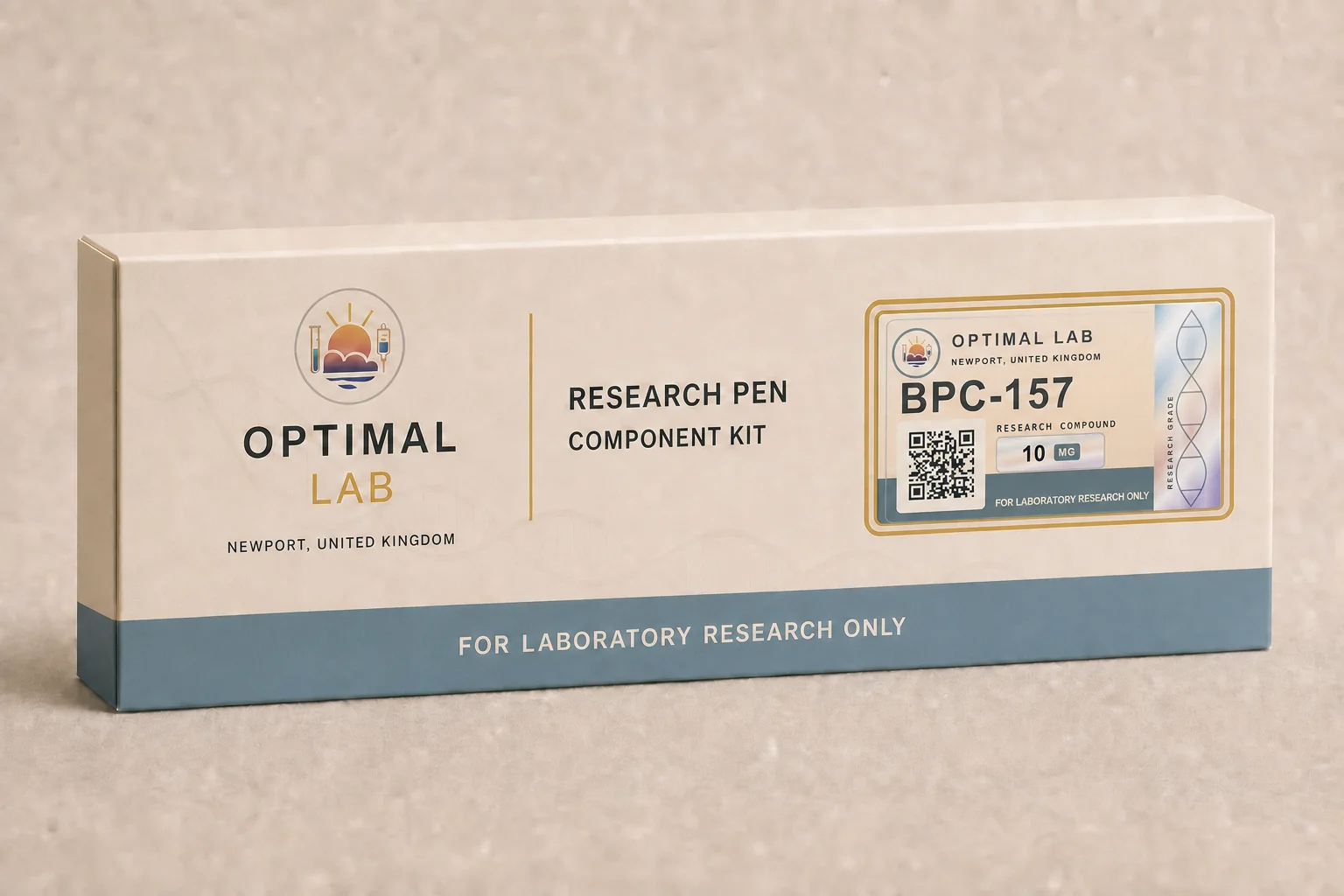 Optimal Lab refillable research pen loaded with BPC-157, in its presentation box