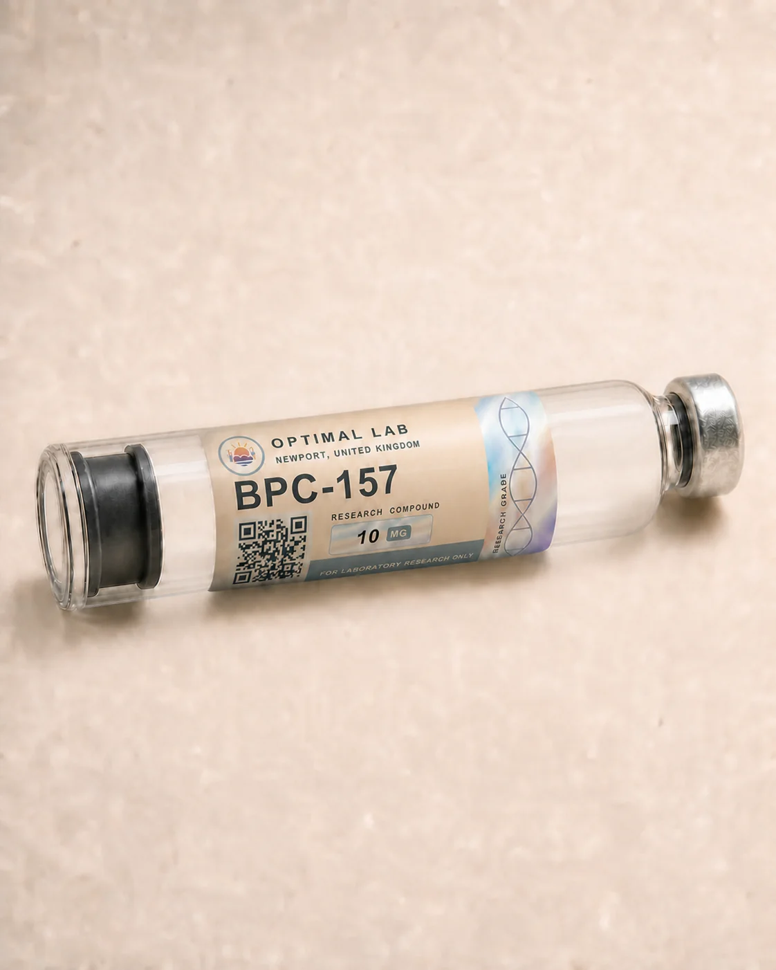 Optimal Lab 3ml research cartridge loaded with BPC-157, in its case