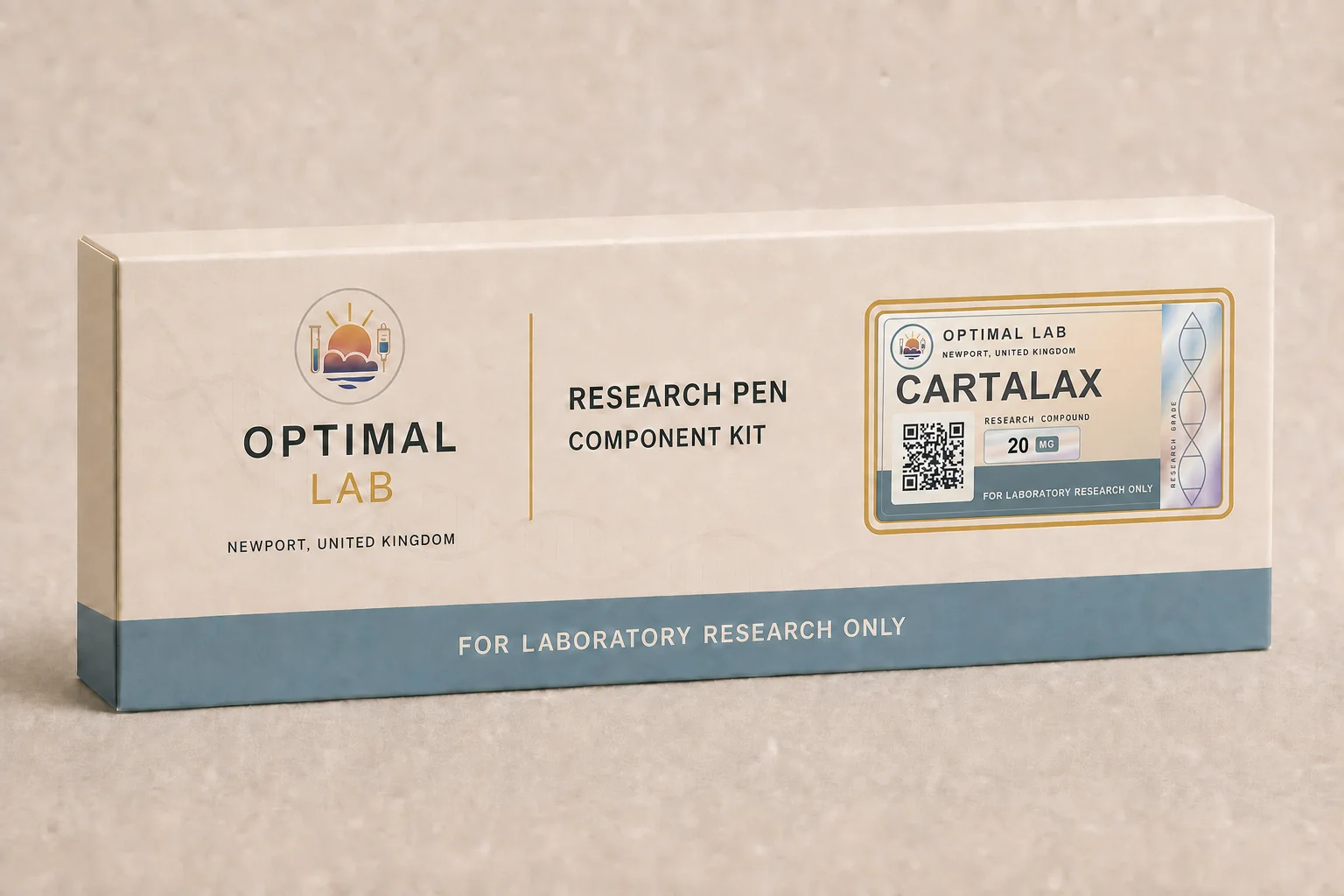 Optimal Lab refillable research pen loaded with Cartalax, in its presentation box