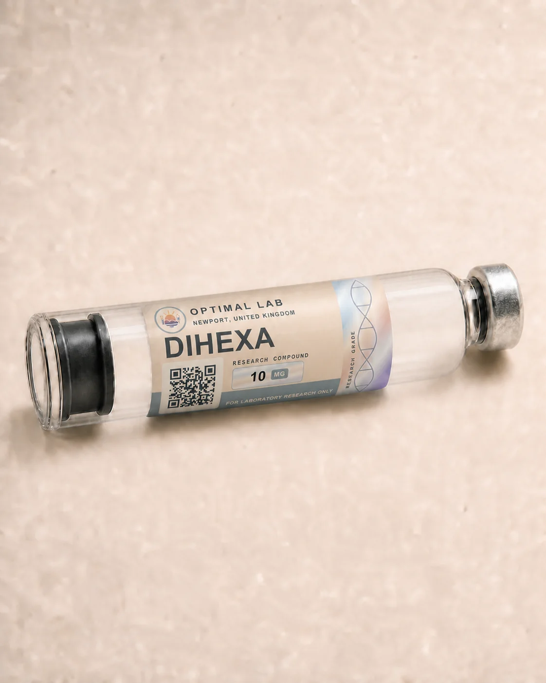 Optimal Lab 3ml research cartridge loaded with Dihexa, in its case