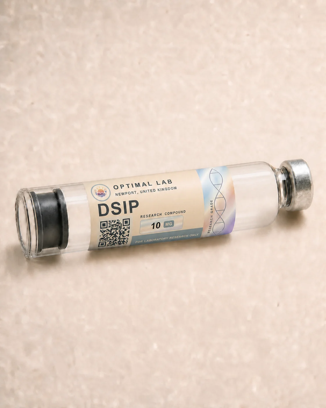 Optimal Lab 3ml research cartridge loaded with DSIP, in its case