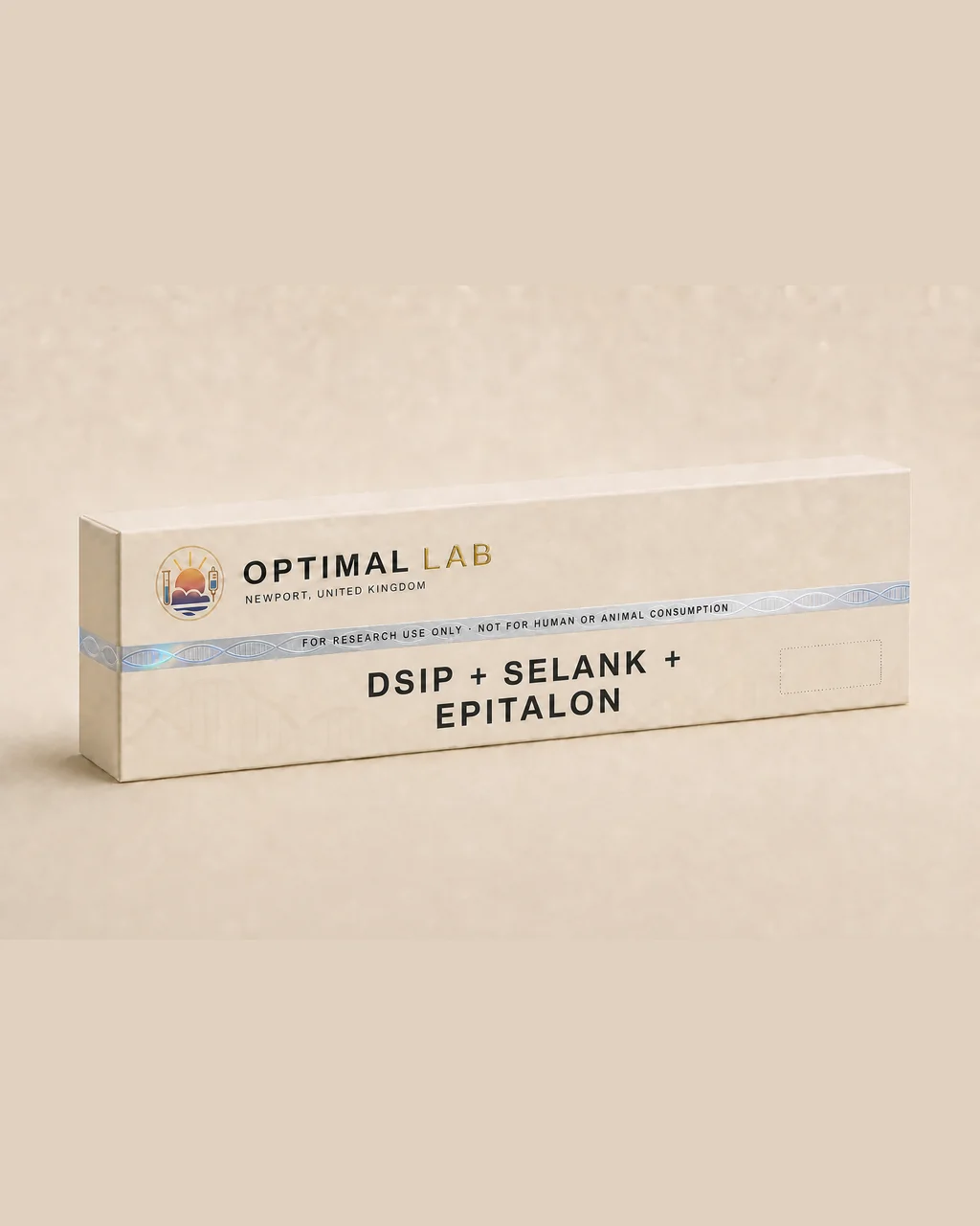 Warm cream Optimal Lab research pen sleeve case labelled DSIP, Selank and Epitalon