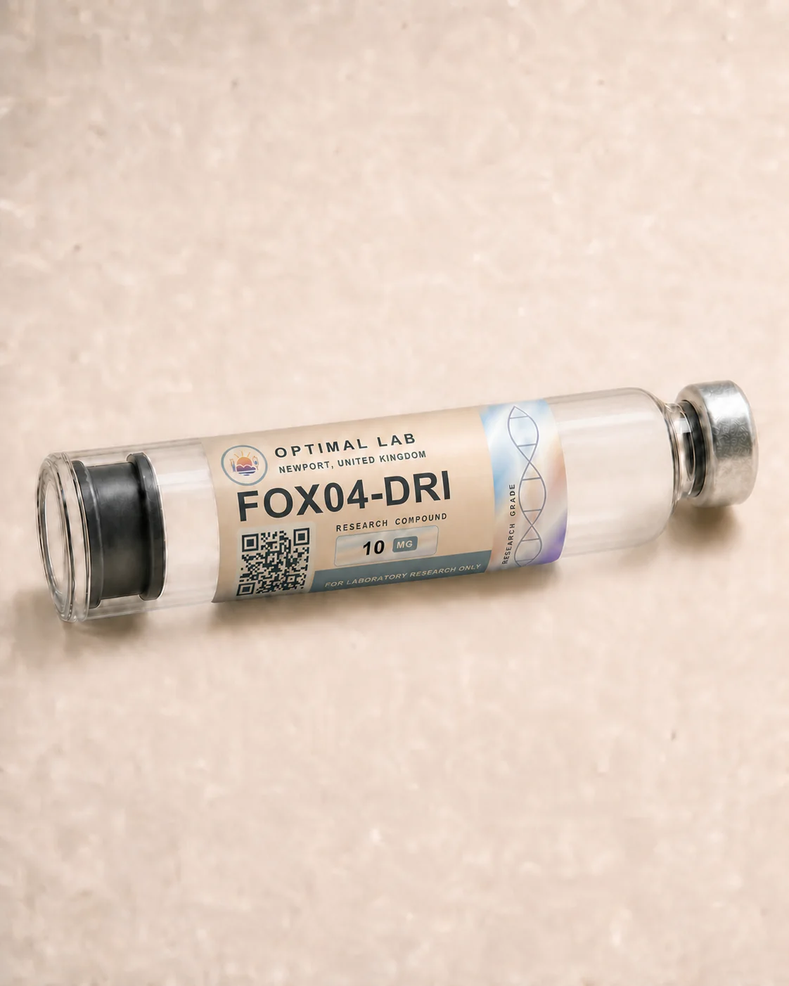 Optimal Lab 3ml research cartridge loaded with FOX04-DRI, in its case