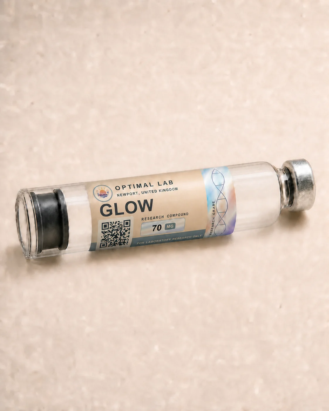 Optimal Lab 3ml research cartridge loaded with GLOW, in its case