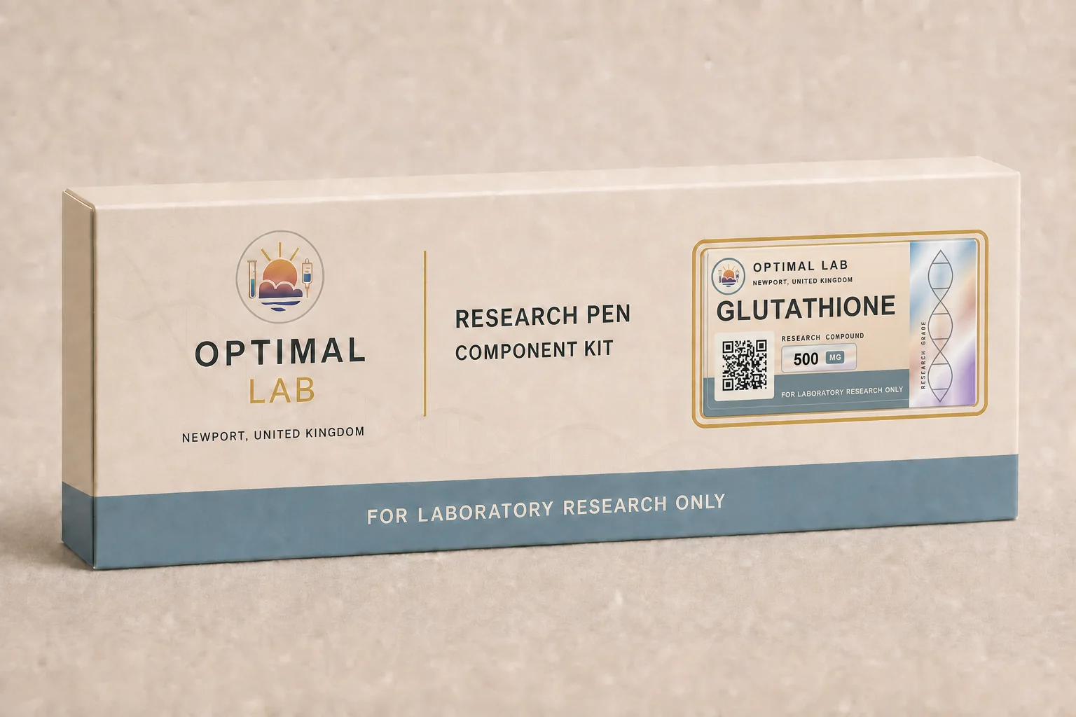 Optimal Lab refillable research pen loaded with Glutathione, in its presentation box