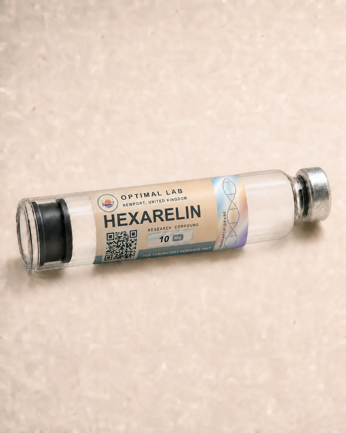Optimal Lab 3ml research cartridge loaded with Hexarelin, in its case