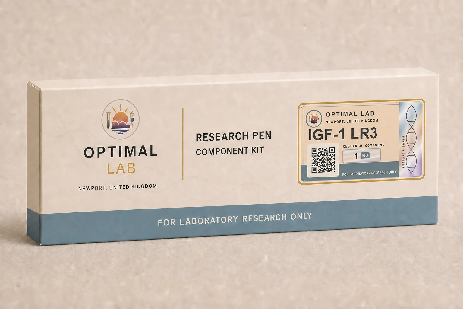 Optimal Lab refillable research pen loaded with IGF-1 LR3, in its presentation box