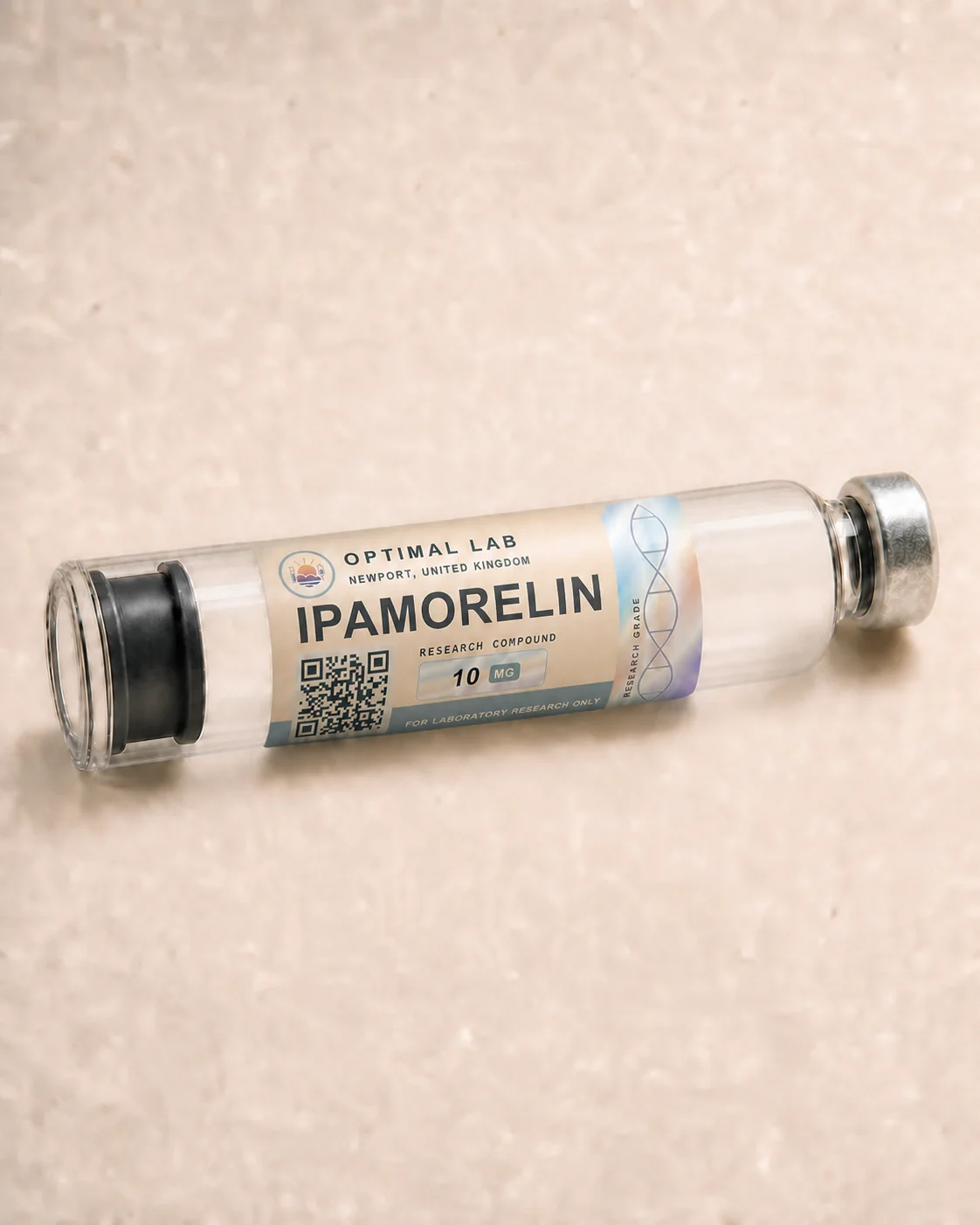Optimal Lab 3ml research cartridge loaded with Ipamorelin, in its case