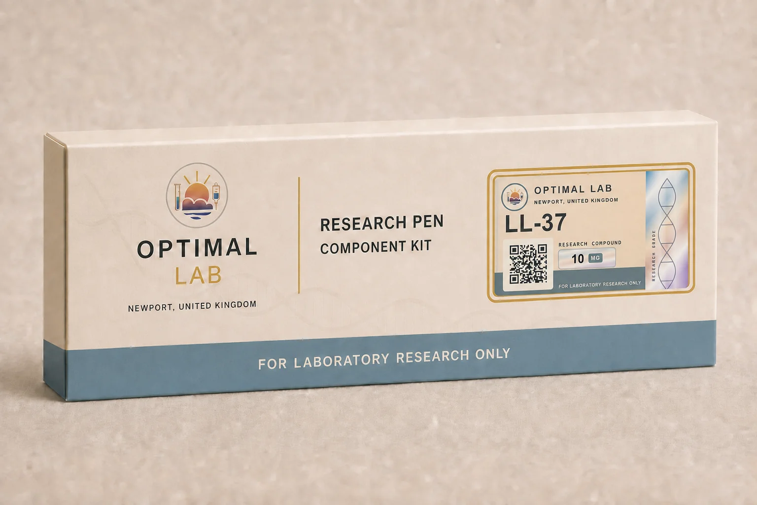 Optimal Lab refillable research pen loaded with LL-37, in its presentation box