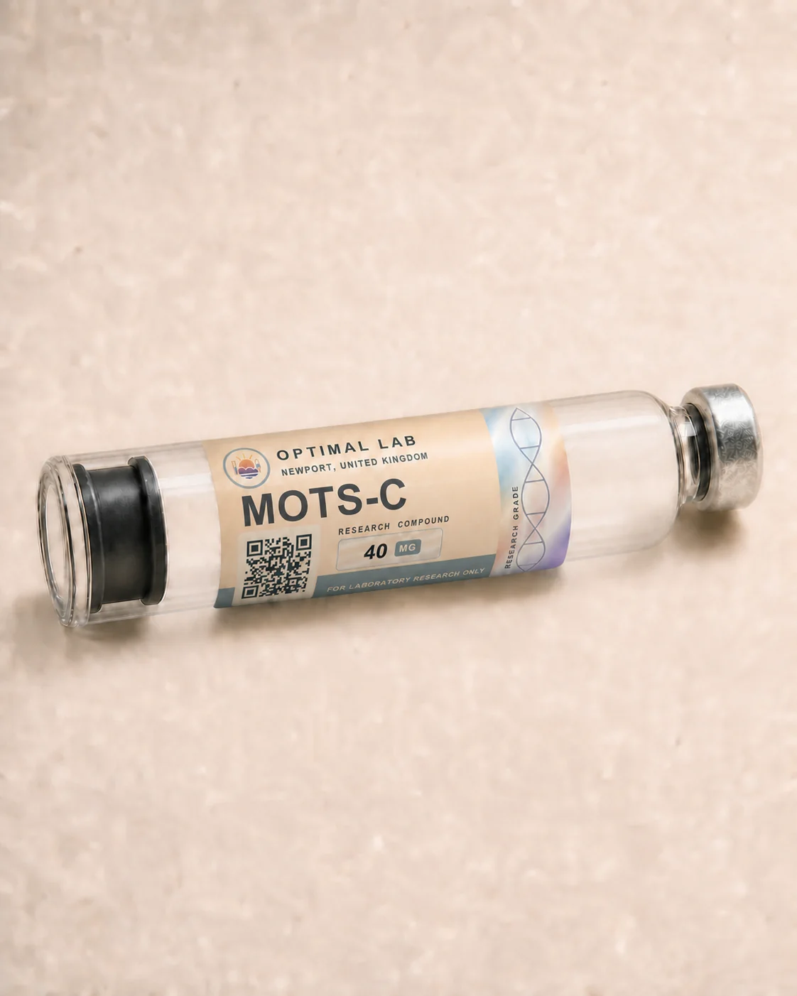 Optimal Lab 3ml research cartridge loaded with MOTS-C, in its case