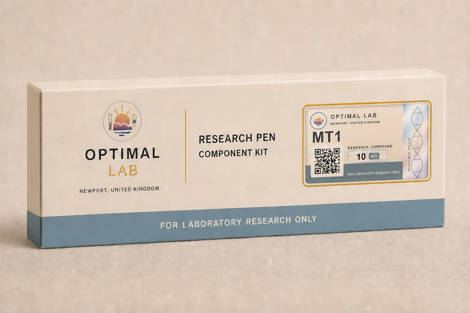 Optimal Lab refillable research pen loaded with Melanotan-1 (MT1), in its presentation box